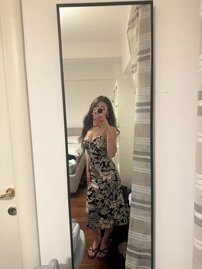 H&M Black Dress with Cream Floral Print - Midi Slip Dress